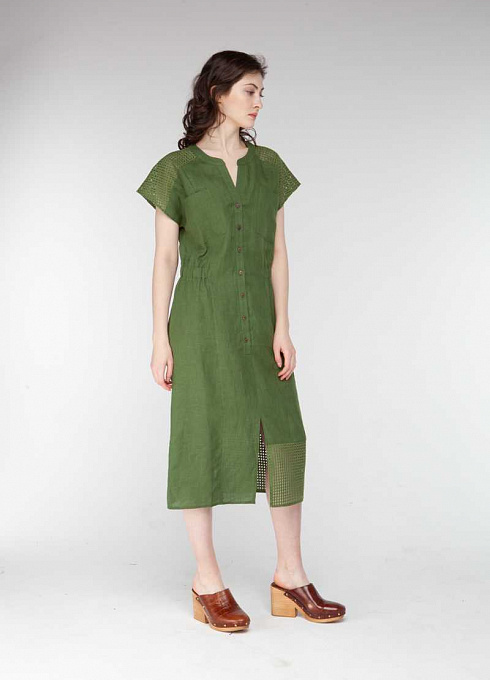 Платье изо льна с коротким рукавом женское,  зеленый цвет